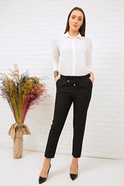 Moda Bu Women's Black Elastic Waist Carrot Cut Pencil Pants