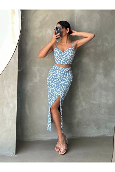 ubmbutik Costum dublu cu imprimeu floral pentru damă - bluză cu bretele și fu...