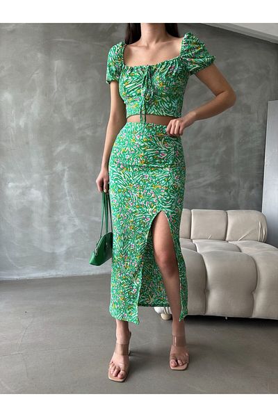 ubmbutik Madonna Crop Blouse and Slit Midi Skirt - Women's Double Set