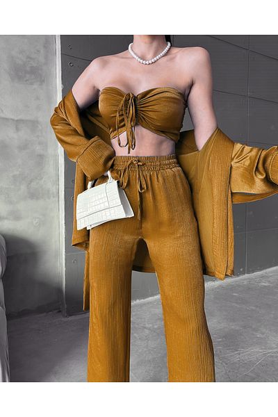 FASHION COCKTAIL Μαλακό Σατέν Σετ 3 τεμαχίων - Παντελόνι με κορδόνι που δένει και ελαστικό μπουφάν