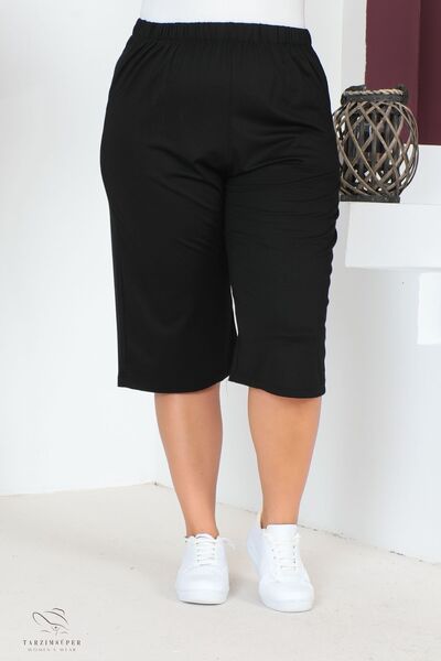 tarzımsüper Women's Large Size Elastic Waist Comfort Model with Pockets Comfortable Fit Lycra Cotton Wide Leg Capri