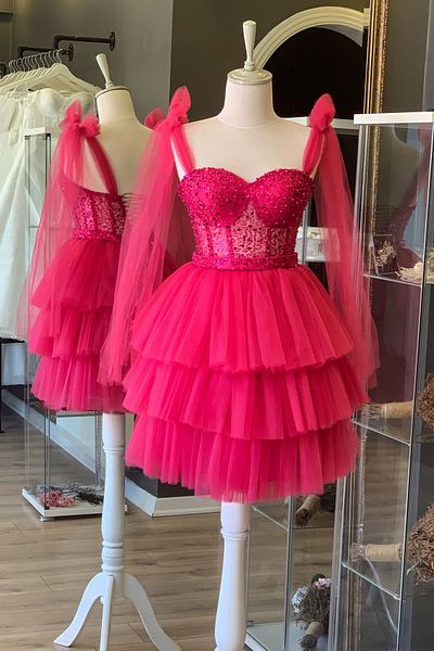 Lenta Moda Μίνι νυχτερινό και πάρτι φόρεμα με φούξια δαντέλα