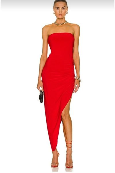 Nsb Tasarım Strapless Asymmetrical Cut Red Dress with Drape Detail