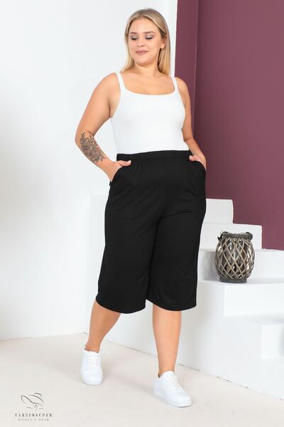tarzımsüper Women's Large Size Elastic Waist Comfort Model with Pockets Comfortable Fit Lycra Cotton Wide Leg Capri