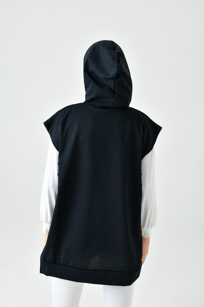 mirach Black Hooded Oversize Sweatshirt - Long Buttoned Vest Poncho