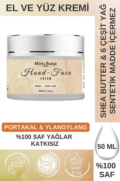 Minia Bahçe Bitki ve Sanat Atölyesi Protective and Nourishing Hand and Face Cream – Orange & Ylang Ylang, 100% Pure and Additive-Free, 50 ml