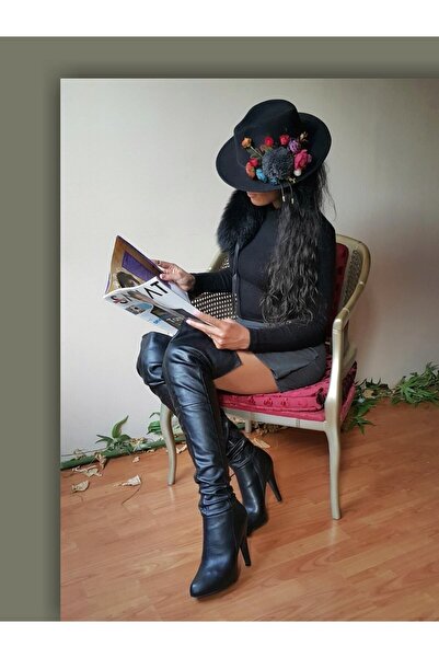 Senbeno Design Kumaş Çiçek Ve Ponpon Detaylı Özgün Tasarım Panama Fötr Şapka