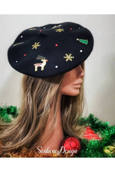 Senbeno Design Yılbaşı Temalı Özgün Tasarım El Boyama Fransız Ressam Beresi