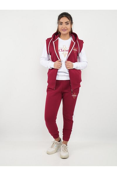 CLASSY.MODA Tracksuit Set - 3 Pieces - Winter Thick Fabric - Nakiş - Hooded - 3 Thread Raised - Fıyat Single