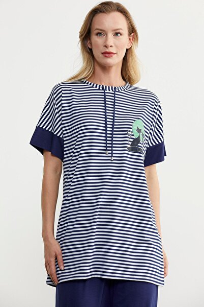 Sementa Navy Blue Striped Combed Cotton Pants Set