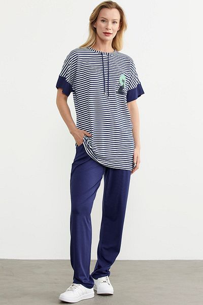 Sementa Navy Blue Striped Combed Cotton Pants Set