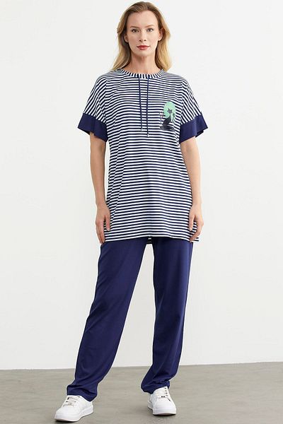Sementa Navy Blue Striped Combed Cotton Pants Set