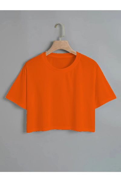 Mad&Calf Tricou scurt oversize crop portocaliu uni cu gât roșu
