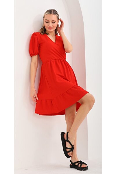 DEVRİMAY TEKSTİL Πορτοκαλί διπλό πέτο Καλοκαιρινό φόρεμα με μανίκια μπαλόνι κ...