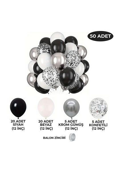 Konsept Sepeti 50 Pieces Black and White Chrome Silver Balloon Chain Set with Confetti - 100 Pieces Gift Band