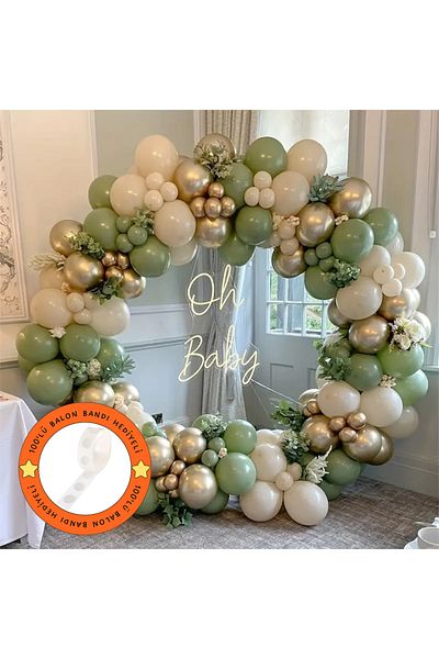 Konsept Sepeti 90 Pieces of Mildew Green Chrome Gold Balloon Chain Strip - 100 Pieces of Gift Balloon Tape