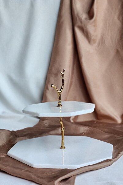 ioadesign Nilüfer - Real Thin Marble Serving Presentation Catering 2-Tier Cake Stand - Gold Metal Branch Figured