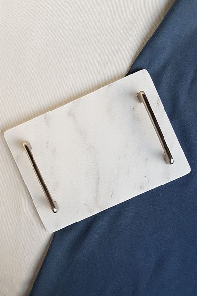 ioadesign Daffodil Real Thin Marble Groom Coffee Tray 28x20 Cm - Silver Handle