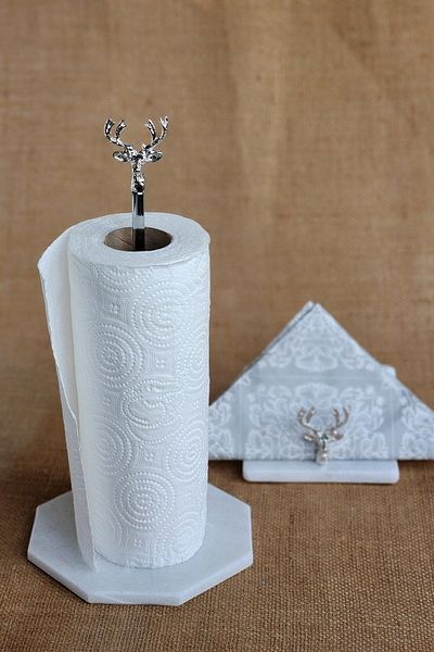 ioadesign Set 2 suporturi pentru șervețele - Marmură adevărată - Metal - Culoare argintie cu figurină de cerb
