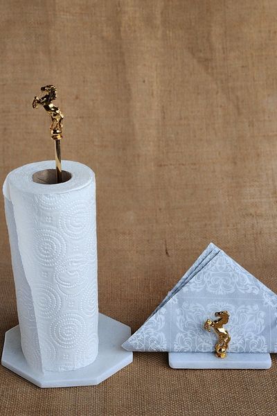 ioadesign Set of 2 Napkin Holders-real Marble-metal Horse Figured Gold Color