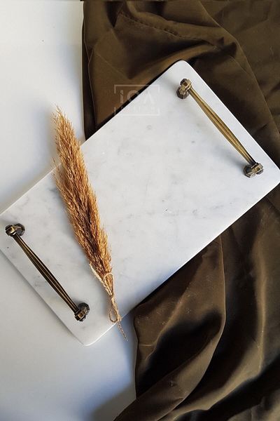 ioadesign Narcissus Real Thin Marble Presentation Tray (32X20 CM) - Antique Gold Handle