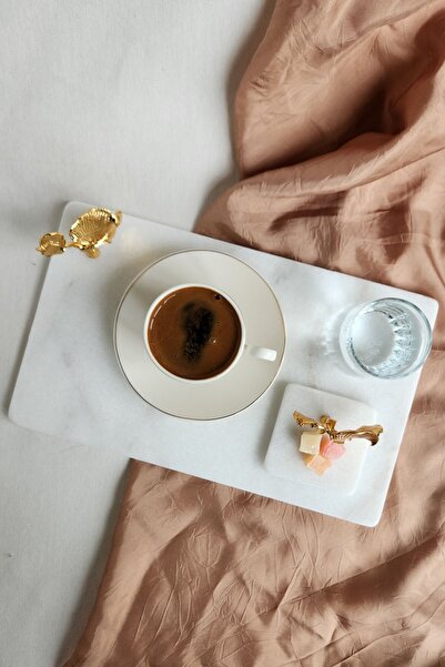 ioadesign Damat Kahvesi Seti Gerçek Ince Mermer Tepsi + Fincan + Su Bardağı +lokumluk Ginko Figürlü Altın Renk