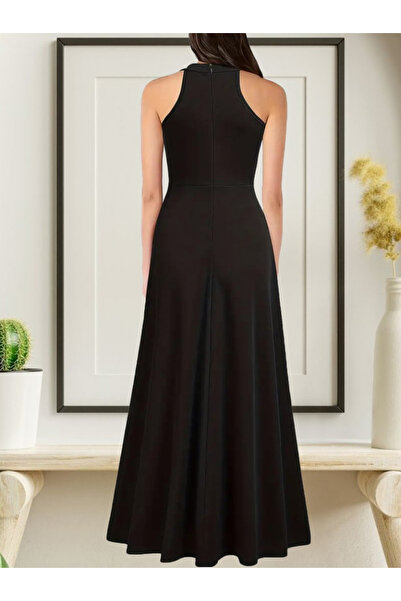 JANES Ολόσωμο κρεπ γυναικείο βραδινό φόρεμα με λαιμόκοψη και βαθύ σκίσιμο