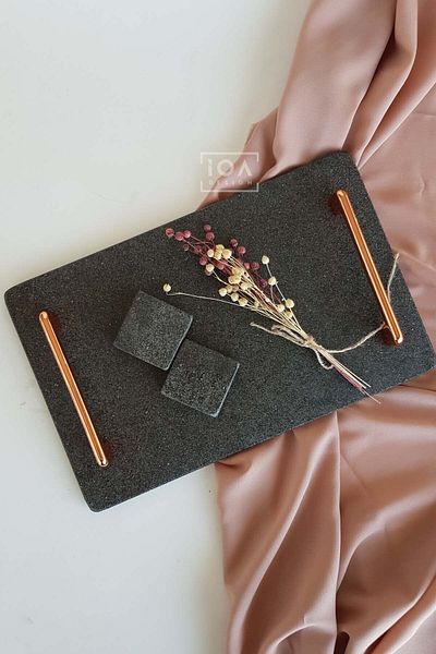 ioadesign Beste - Real Black Basalt Marble Promise / Δίσκος αρραβώνων + 2 θήκες για δαχτυλίδια - Ροζ χρυσή λαβή