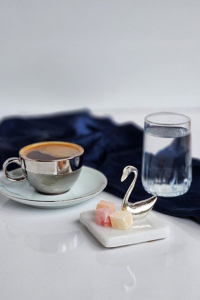 ioadesign Silver Groom Coffee Set: Cup + Water Cup + Swan Figured Marble Turkish Delight Bowl