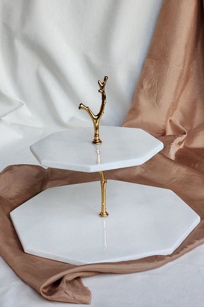 ioadesign Nilüfer - Real Thin Marble Serving Presentation Catering 2-Tier Cake Stand - Gold Metal Branch Figured