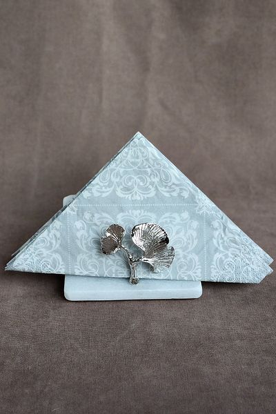 ioadesign Eda - Real Thin Marble Napkin Holder - Silver Metal with Ginko Figure