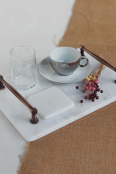 ioadesign Daffodil Real Thin Marble Groom Coffee Tray 28x20 Cm - Antique Copper Handle