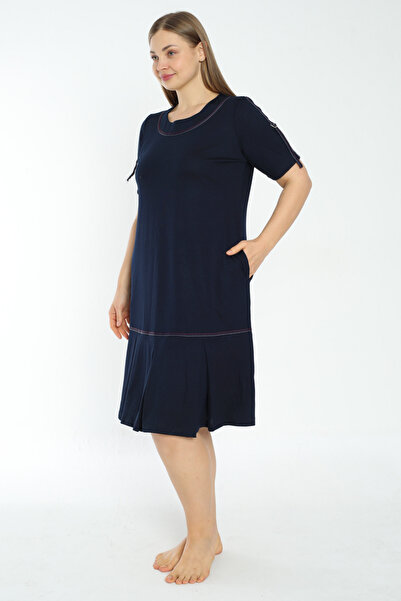 İntensive Kadın lacivert viskon şerit detaylı cepli büyük beden elbise