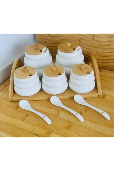 Qerhome وعاء توابل بورسلين 5 قطع مع حامل من الخيزران - CMR