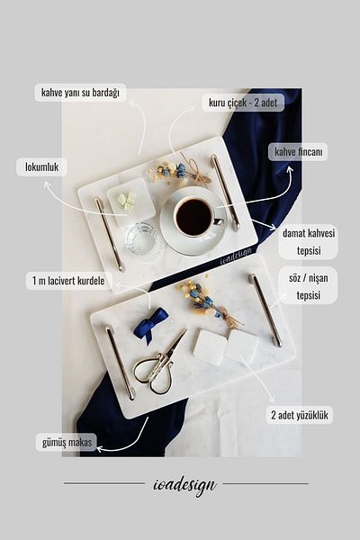 ioadesign Σετ Υπόσχεσης / Αρραβώνας Νο. 4 - Δίσκος αρραβώνων Αξεσουάρ για δίσκο καφέ γαμπρού - Ασημένια λαβή Nergis
