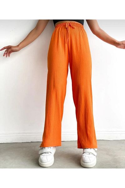 Gönen Passage Seersucker Fabric - Palozzo Pants with Wide Legs and Elastic Waist