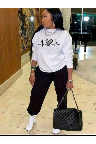 Deocept Oversize Women's Tracksuit Set - Crew Neck, Printed Bottom and Top Set, Boyfirend