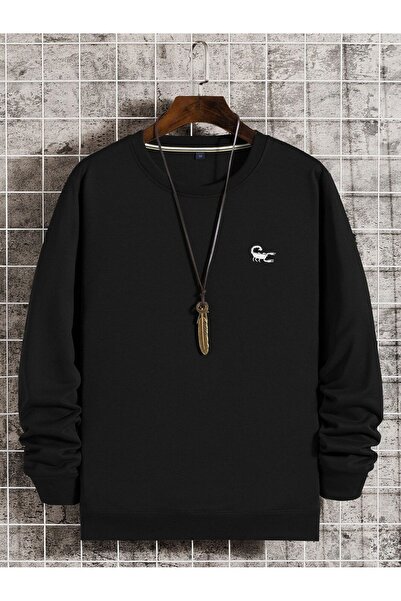 Deocept Unisex Μαύρο Oversize Φούτερ - Scorpion Printed, Crew Neck