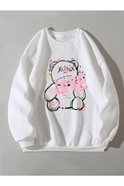 Deocept Hanorac alb oversize - Love Bear Printed