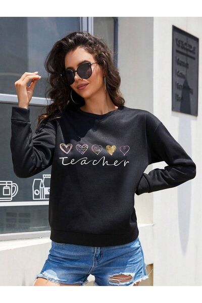 Deocept Hanorac oversize negru - Teacher Printed, Decolteu Crew, Unisex