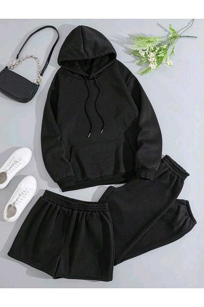 Deocept Oversize Hooded 3-Piece Tracksuit Set - Shorts and Sweatshirt Set
