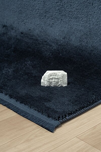 LİNOS HOME Puffy Mavi Saçaklı Peluş Halı Yumuşacık Yıkanabilir Kaymaz Taban Halı Salon Oturma Odası Koridor