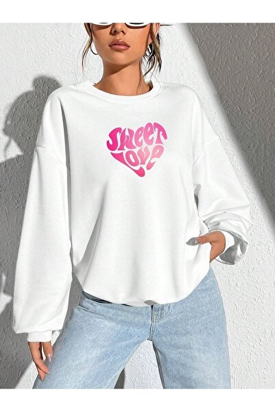 Deocept Φούτερ με λαιμόκοψη Unisex Λευκό Oversize - Sweet Love Printed