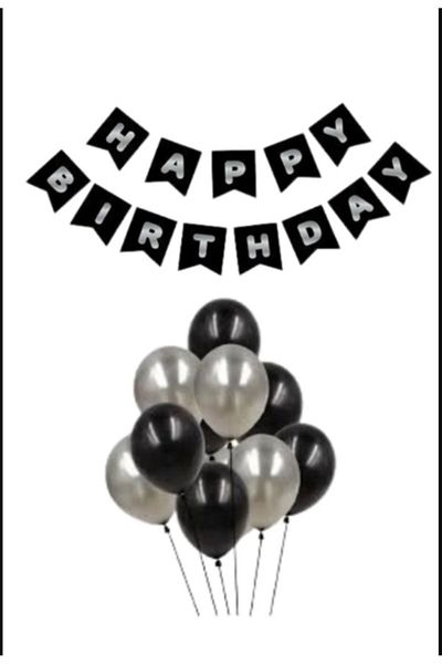 PartAntalya Silver Gray Gilded Black Banner and Balloon Set - Happy Birthday Written