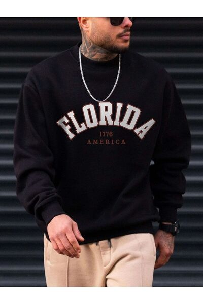 Deocept Американска печатна FLORIDA черна унисекс блуза с голям размер - с об...