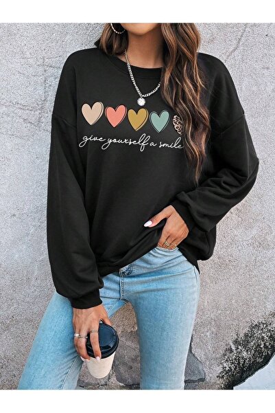 Deocept سويت شيرت أسود كبير الحجم مطبوع عليه قلب للجنسين - مجموعة من 5 قطع