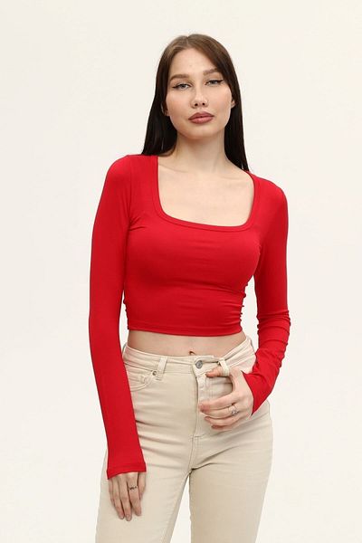 LAENT Women's Red Square Neck Long Sleeve Crop Blouse