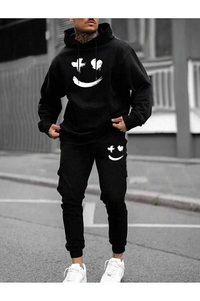 Deocept Men's Oversize Tracksuit Set - Hooded, Printed, Boyfirend