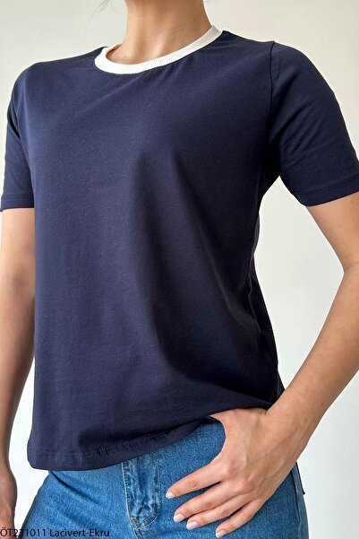 Liora تيشيرت نسائي باللون الأزرق الداكن مع شريط إكرو على الياقة