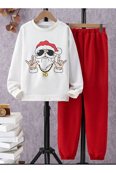 Deocept Λευκό φούτερ με λαιμόκοψη - Πρωτοχρονιάτικο εμπριμέ, κόκκινο πάτο, Unisex Oversize